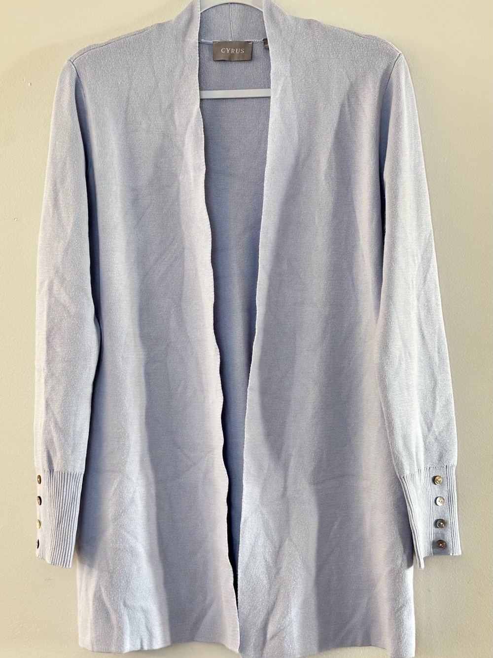 Cyrus Pale Blue Open-Front Women's Cardigan with Button Cuffs - size L